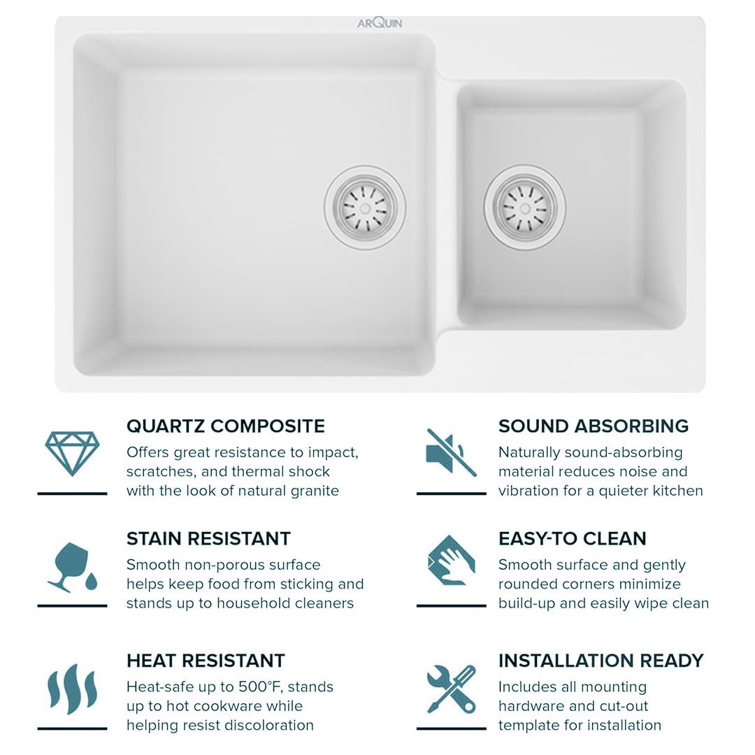 34X20X9 Inch White Quartz Double Bowl  Kitchen Sink