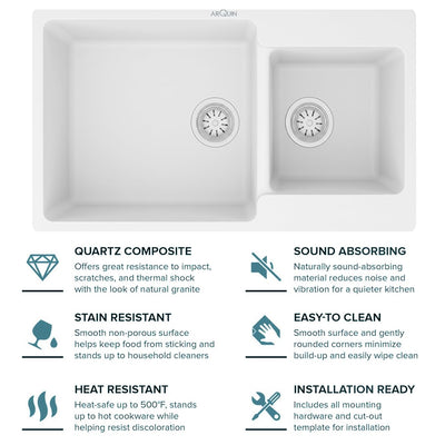 34X20X9 Inch White Quartz Double Bowl  Kitchen Sink