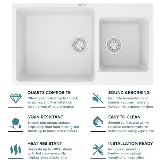 Quartz Kitchen Sink Double Bowl 34X20X9 Inch | White