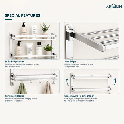 2 Layer Bathroom Folding Shelf Stainless Steel Chrome Finish - 16 Inch (B12)