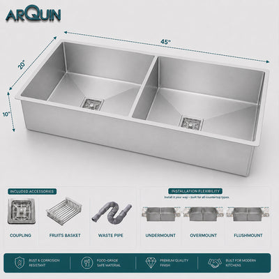 45x20x10 Inch Heavy Grade Handmade Double Bowl Kitchen Sink