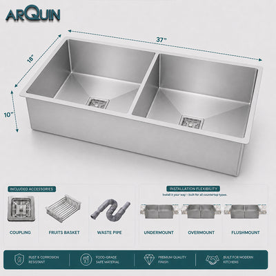 37x18x10 inch Heavy Grade Handmade Double Bowl Kitchen Sink