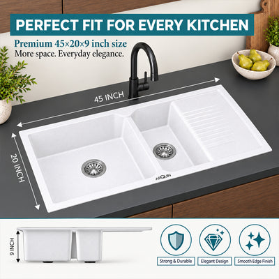 45x20x10 Inch Rosa Quartz Double Bowl with Drain Board Kitchen Sink