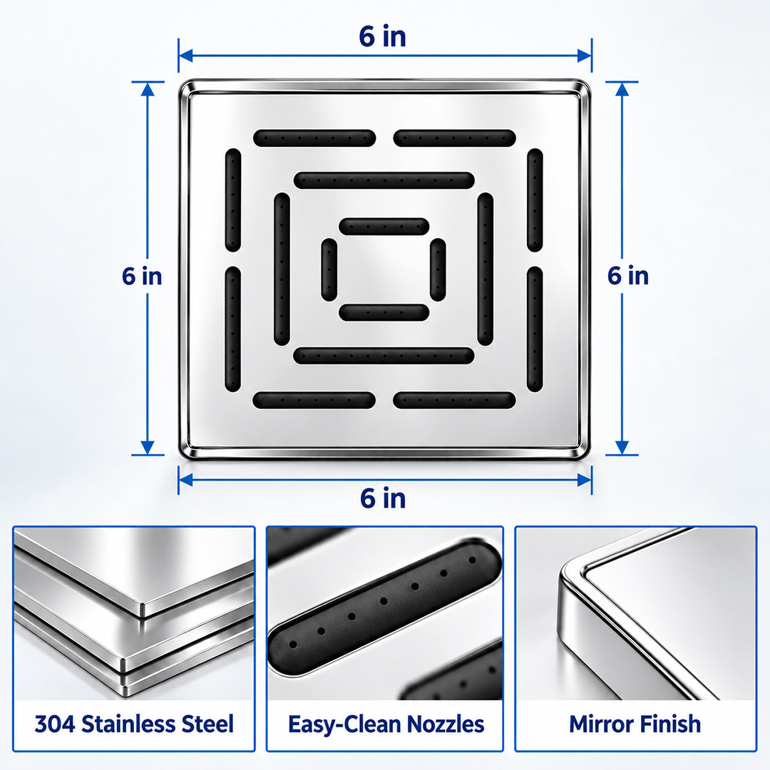 Rain Shower Head without Arm 304 Stainless Steel Overhead Shower 6x6 Inch (MAZE)