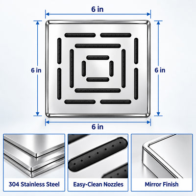 Rain Shower Head without Arm 304 Stainless Steel Overhead Shower 6x6 Inch (MAZE)