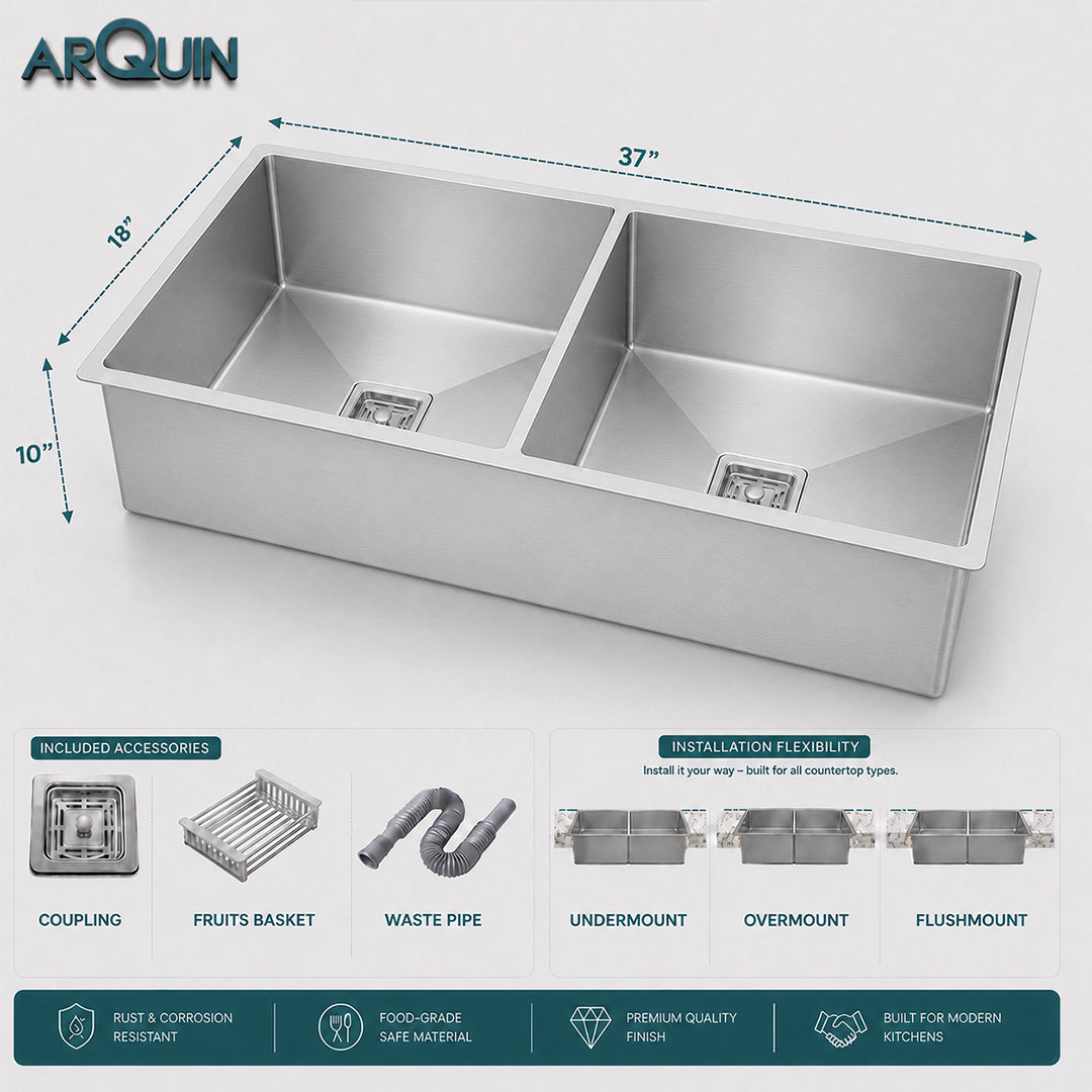 37x18x10 Inch 304 Grade Handmade Double Bowl Kitchen Sink Stainless Steel
