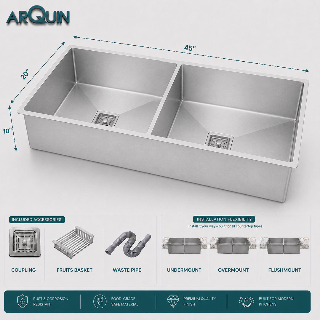 45x20x10 Inch 304 Grade Handmade Double Bowl Kitchen Sink Stainless Steel