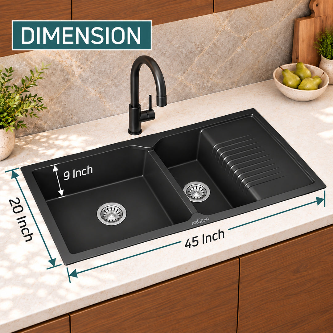 45x20x10 Inch Black Quartz Double Bowl with Drain Board Kitchen Sink