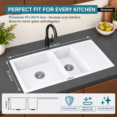 45x20x10 Inch White Quartz Double Bowl with Drain Board  Kitchen Sink