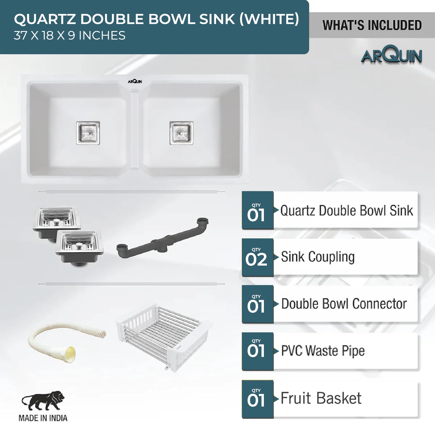 37x18x9 Inch White Quartz Double Bowl Kitchen Sink