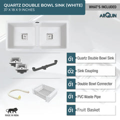 Quartz Double Bowl Kitchen Sink (37 x 18 x 9 Inches) ( White)