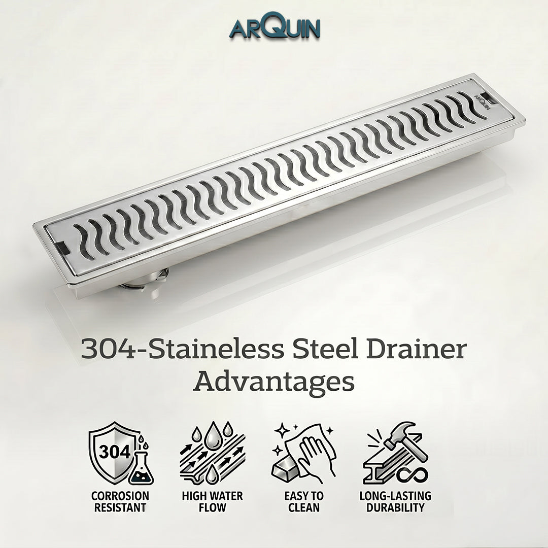 Shower Drain Channel SS 304 Grade with Cockroach Trap (12x4 Inch)