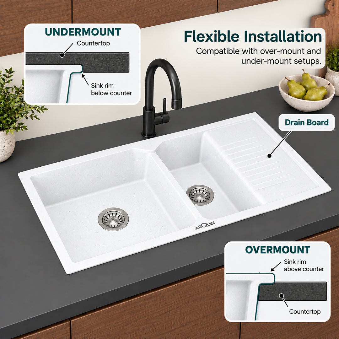 45x20x9 Inch Sand Pluto Quartz Sink Double Bowl with Drain Board  Kitchen Sink