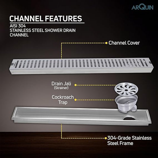 Shower Drain Channel SS 304 Grade with Cockroach Trap (12x4 Inch)