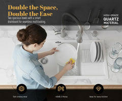 Quartz Kitchen Sink Double Bowl with Drain Board 45x20x10 Inch | White
