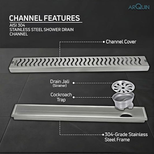 Shower Drain Channel SS 304 Grade with Cockroach Trap (12x4 Inch)