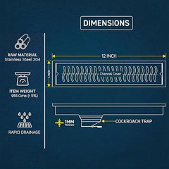 Shower Drain Channel SS 304 Grade with Cockroach Trap (12x4 Inch)