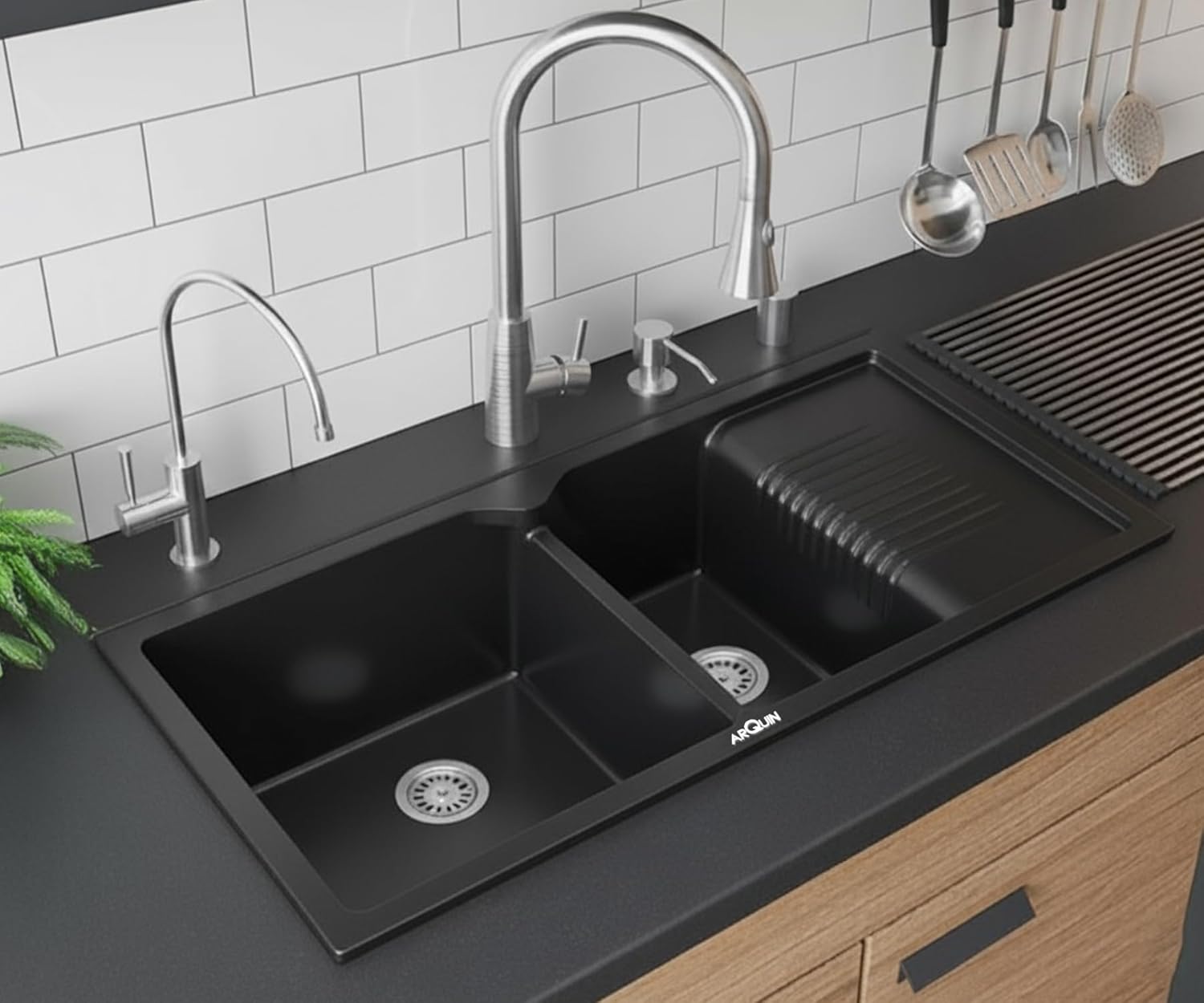 45x20x10 Inch Black Quartz Double Bowl with Drain Board Kitchen Sink
