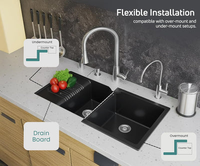 45x20x10 Inch Black Quartz Double Bowl with Drain Board Kitchen Sink