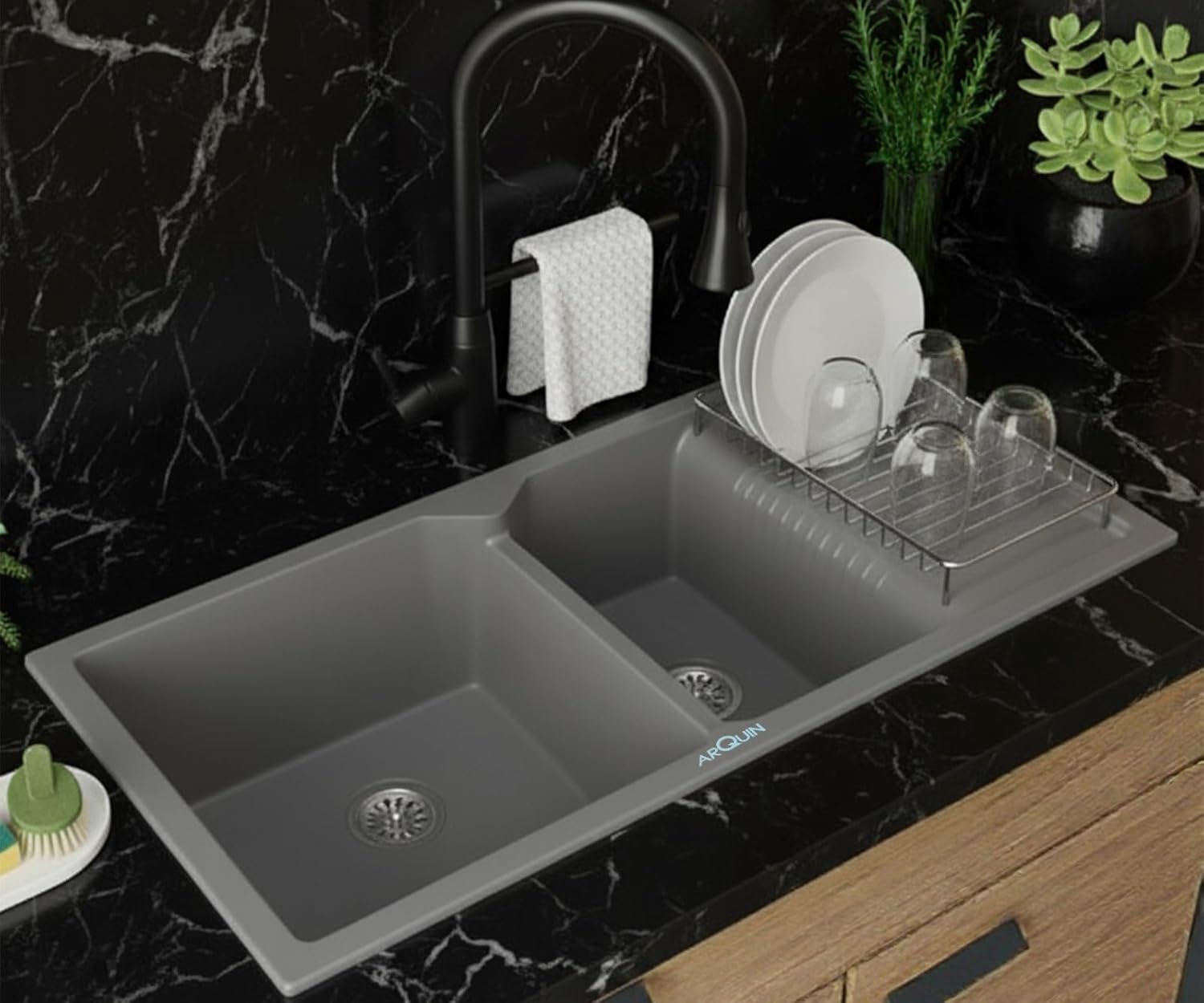 45x20x9 Inch Grey Quartz Double Bowl with Drain Board Kitchen Sink