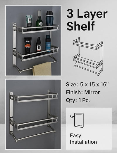 3 Layer Bathroom Shelf 5x15x16 Inch Stainless Steel