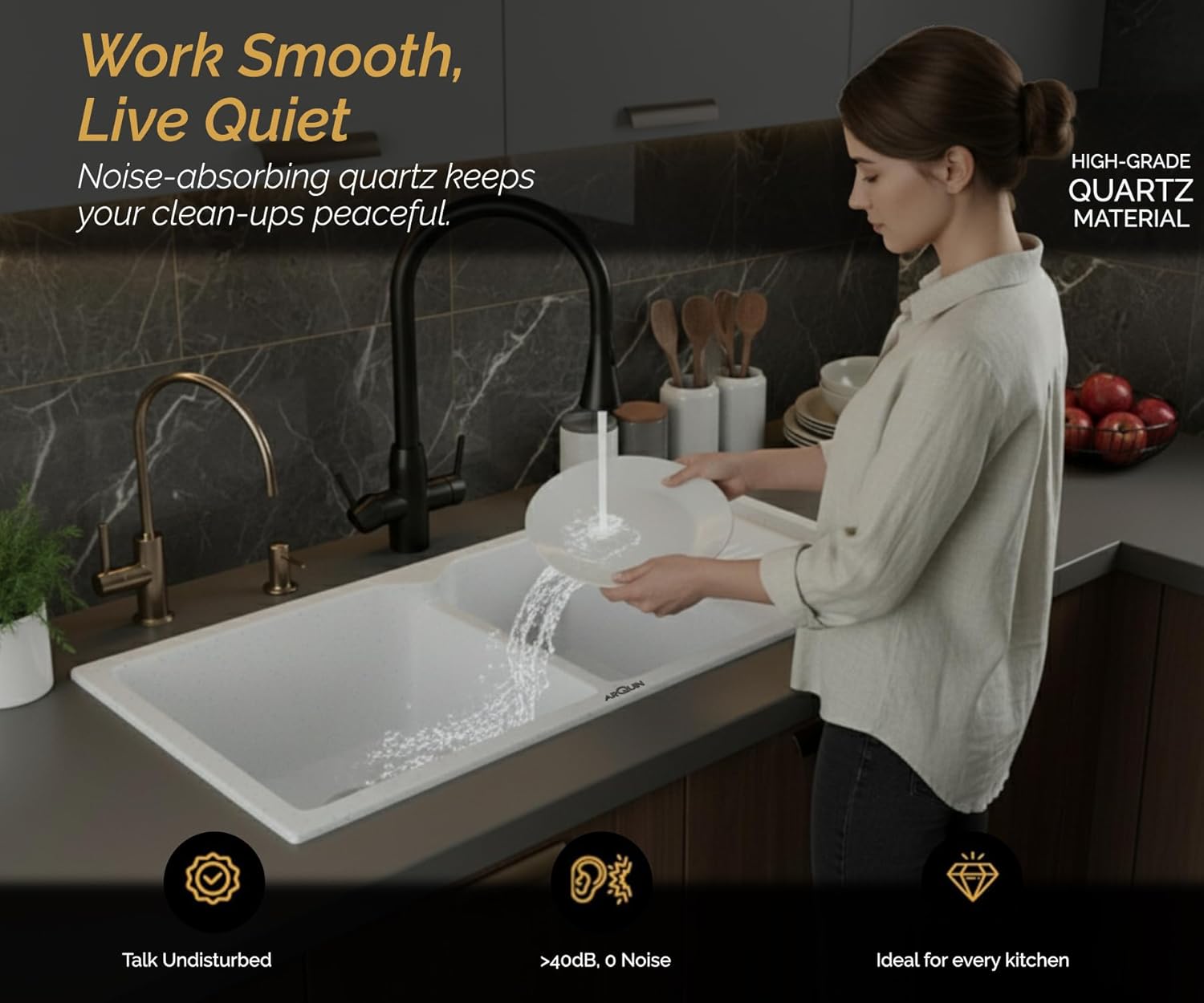 45x20x10 Inch Sand Pluto Quartz Double Bowl with Drain Board Kitchen Sink
