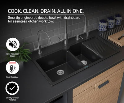 45x20x10 Inch Black Quartz Double Bowl with Drain Board Kitchen Sink