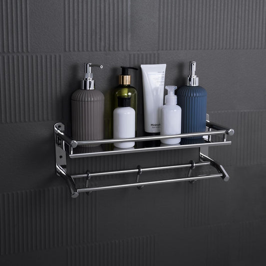 ARQUIN Stainless Steel 2 Layer Shelf Multipurpose Organizer for Bathroom with Double Towel and Loofa Holder Bathroom Accessories (2 Layer Shelf)