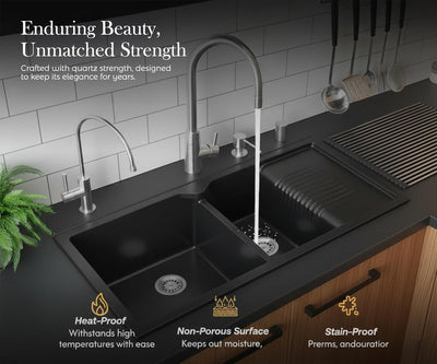 45x20x10 Inch Black Quartz Double Bowl with Drain Board Kitchen Sink