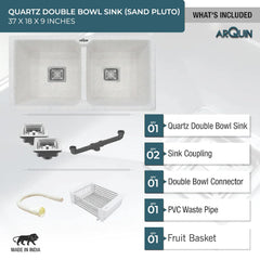 Quartz Double Bowl Kitchen Sink Sand Pluto 37x18x9 Inch
