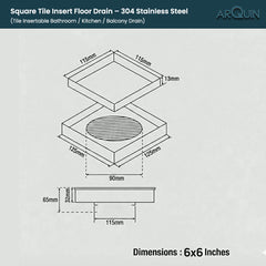 Tile Insert Floor Drainer 304 SS Grade With Cockroach Trap (6X6 Inches)