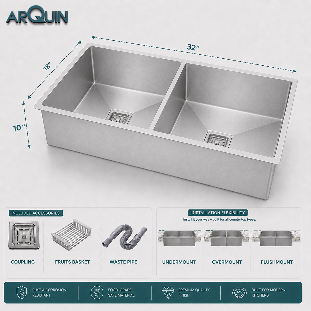 32x18x10 Inch 304 Grade Handmade Double Bowl Kitchen Sink Stainless Steel