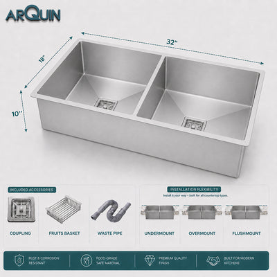 32x18x10 Inch 304 Grade Handmade Double Bowl Kitchen Sink Stainless Steel