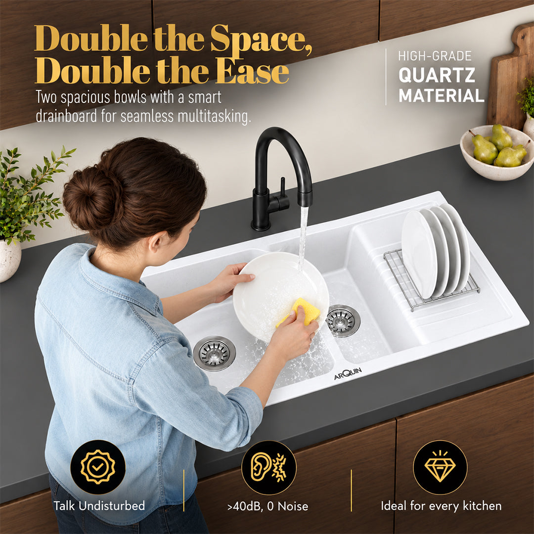 45x20x10 Inch White Quartz Double Bowl with Drain Board  Kitchen Sink