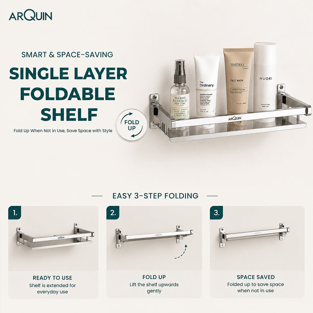Bathroom Folding Shelf Stainless Steel Chrome Finish - 16 Inch (B11)