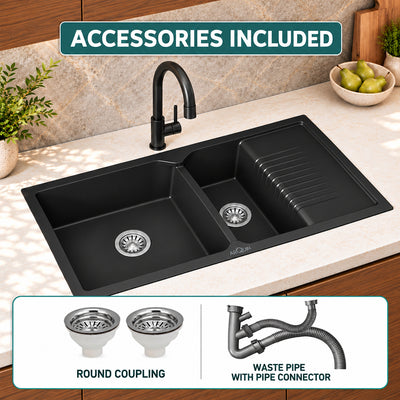 45x20x10 Inch Black Quartz Double Bowl with Drain Board Kitchen Sink