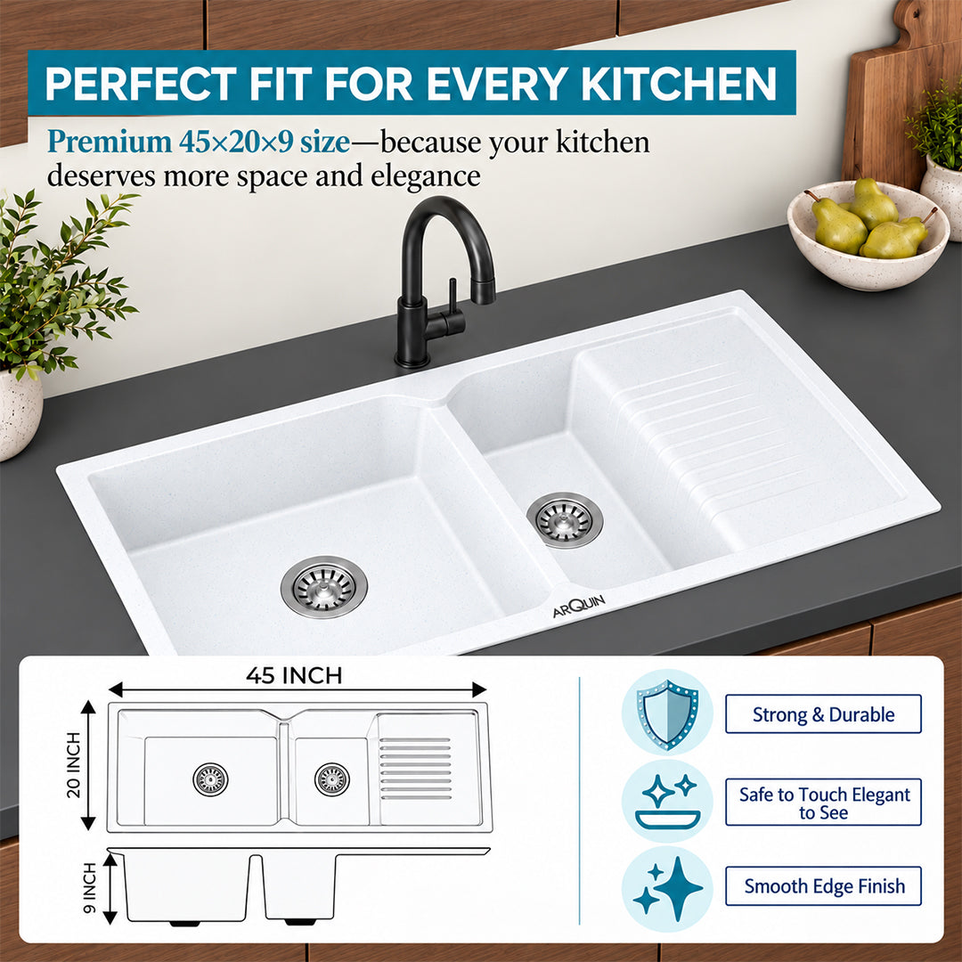 45x20x9 Inch Sand Pluto Quartz Sink Double Bowl with Drain Board  Kitchen Sink
