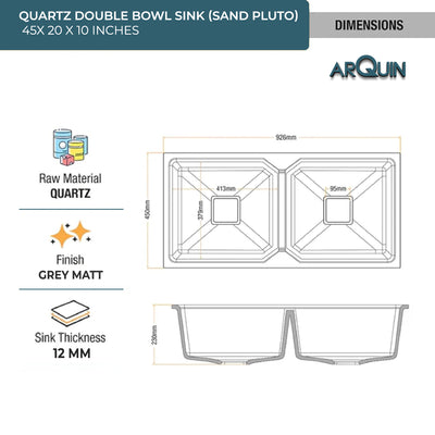45x20x10 Inch Sand Pluto Quartz Double Bowl Kitchen Sink