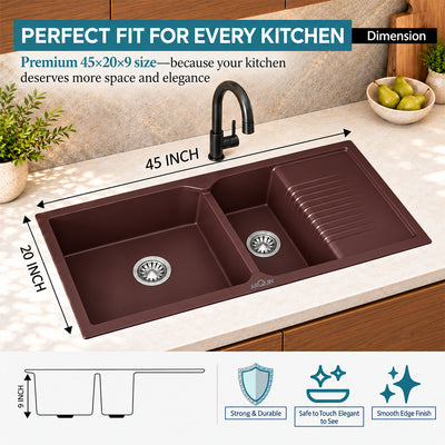 45x20x10 Inch Brown Quartz Double Bowl with Drain Board  Kitchen Sink