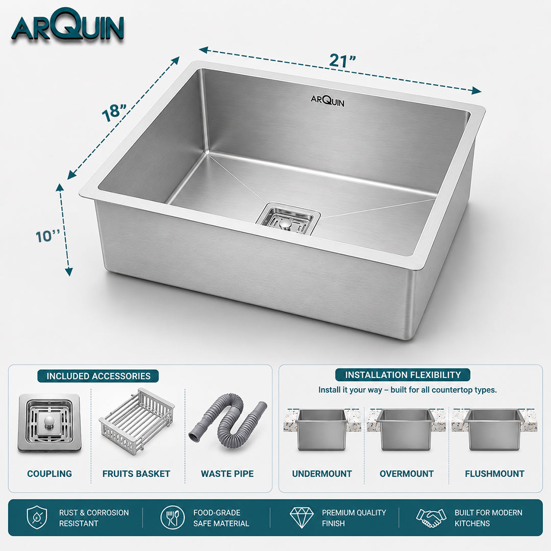 21x18x10 Inch Handmade Single Bowl Kitchen Sink Heavy Grade Stainless Steel