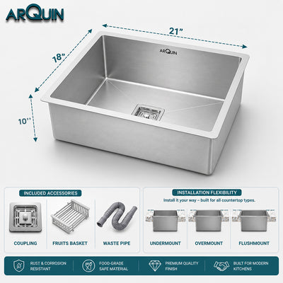 21x18x10 Inch Handmade Single Bowl Kitchen Sink Heavy Grade Stainless Steel