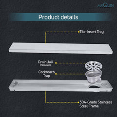 Tile Insert Shower Water Drain Channel 304 SS Grade with Cockroach Trap (18X4 Inch)