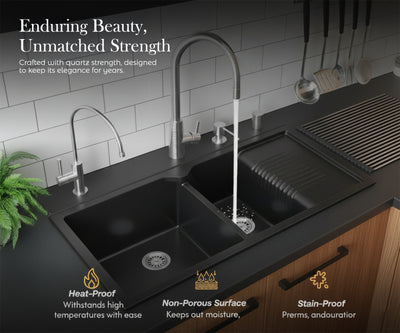45x20x10 Inch Black Quartz Double Bowl with Drain Board Kitchen Sink