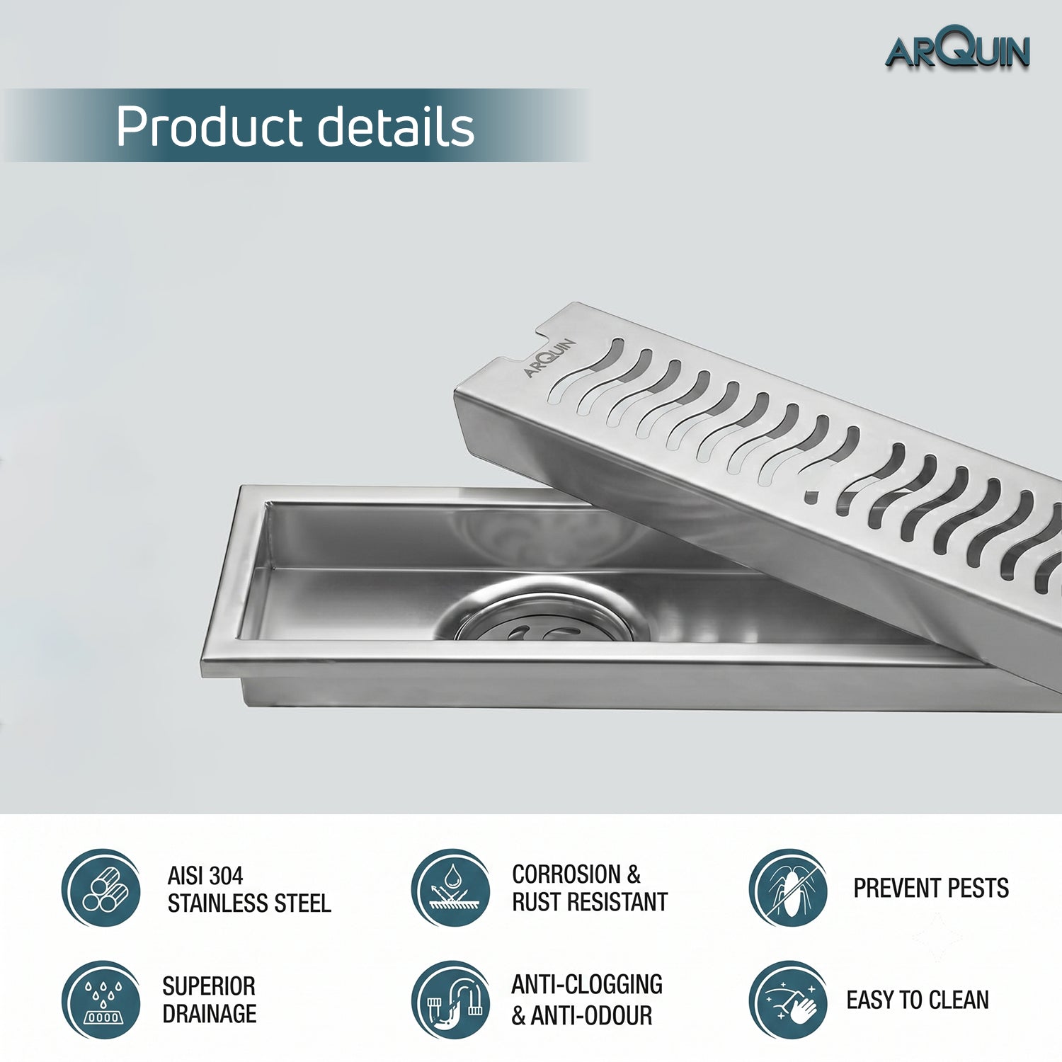 Shower Drain Channel SS 304 Grade with Cockroach Trap (12x4 Inch)