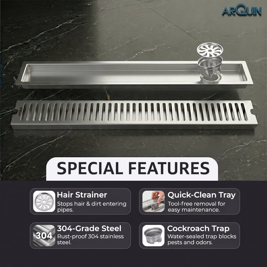 Shower Drain Channel SS 304 Grade with Cockroach Trap (12x4 Inch)
