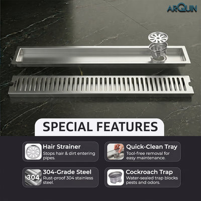Shower Drain Channel SS 304 Grade with Cockroach Trap (12x4 Inch)