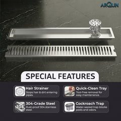 Shower Water Drain Channel SS 304 Grade with Cockroach Trap (12X4 Inch)