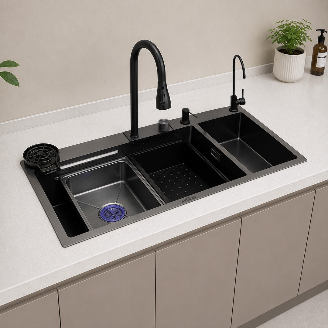 Waterfall Smart Kitchen Sink Double Bowl (37x18x9 Inch)