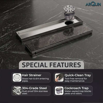 Sliver-Matt Tile Insert Shower Water Drain Channel 304 SS Grade with Cockroach Trap (24X4 Inches)