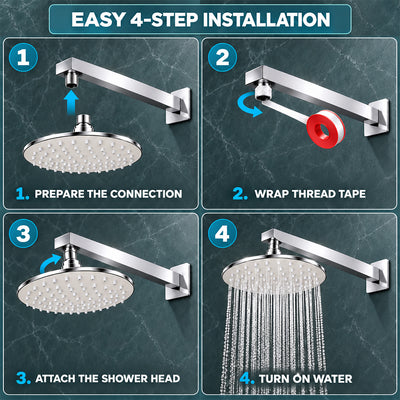 Rain Shower Head without Arm 304 Stainless Steel Overhead Shower 8x8 Inch (ELEGANCE ROUND)